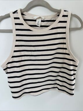 H&M Black & Cream Striped Ribbed Crop Tank